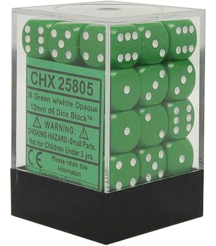 Chessex: Opaque 12mm d6 with pips Dice Blocks (36 Dice) - Green w/white
