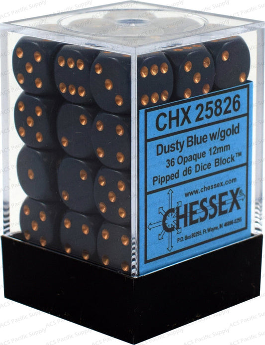 Chessex Dusty Blue w/gold D6 Dice Blocks (36 Dice)