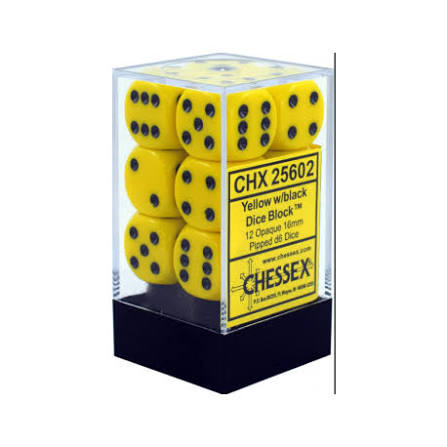 Chessex: Opaque 16mm d6 with pips Dice Blocks (12 Dice) - Yellow w/black