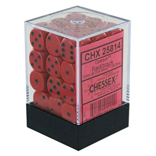 Chessex: Opaque 12mm d6 with pips Dice Blocks (36 Dice) - Red w/black
